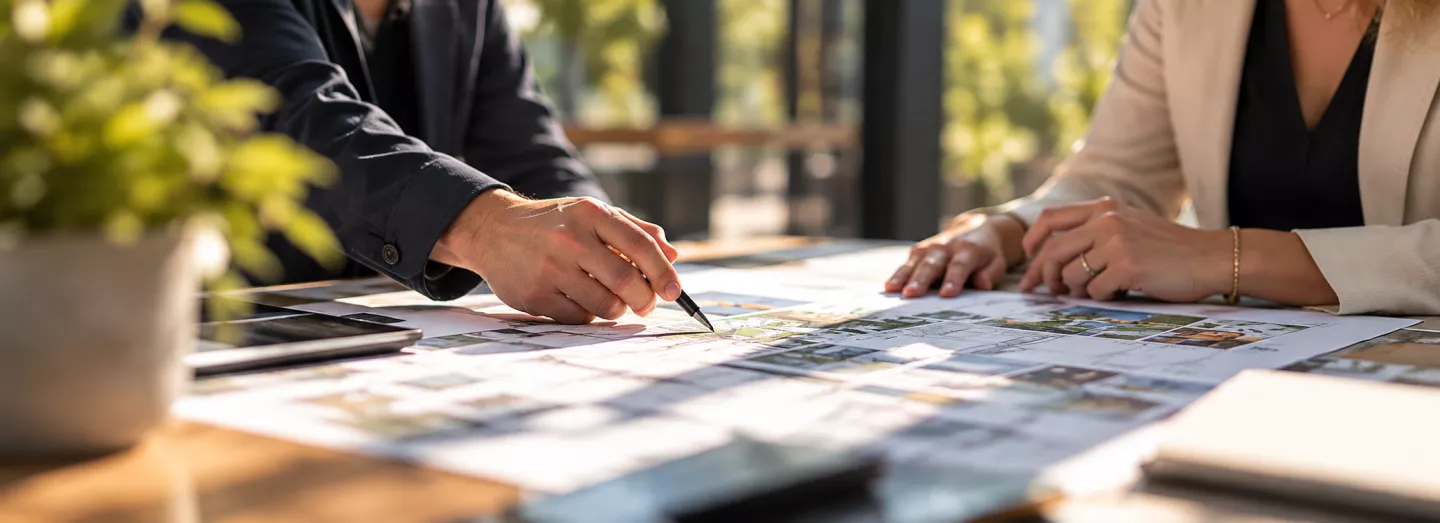 Collaboration sur plans architecturaux ensoleillés